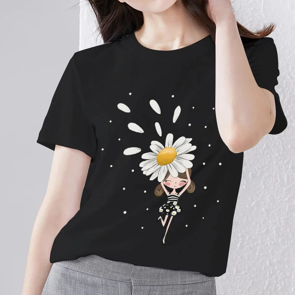 

COTTON 100% Small Fresh Black T-shirt Small Daisy Temperament 3D Digital Print Loose Casual Round Neck Short Sleeve Oversized