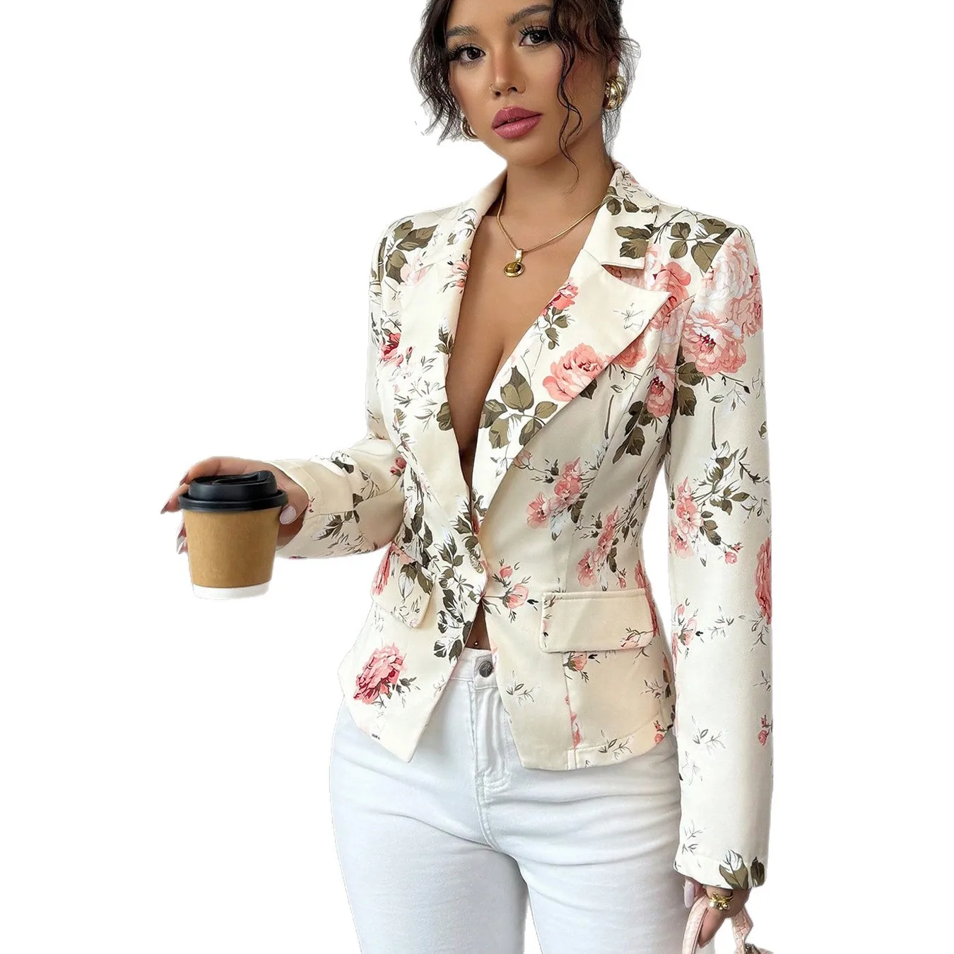 Fashion Floral Bedruckte Blazer Jacke Frauen Chic Revers Langarm Einreiher Mantel Dame Herbst Täglichen Highstreet Oberbekleidung