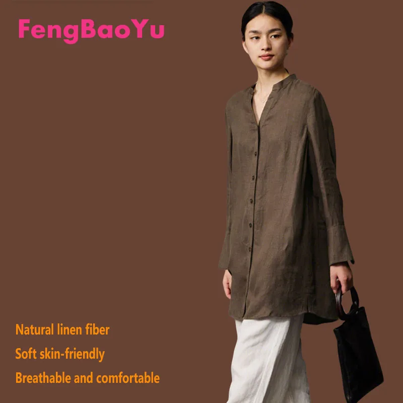 

Женская рубашка Fengbaoyu из 100% льна - простой топ с длинным рукавом и V-образным вырезом - повседневная рубашка для активного отдыха - комфортная и натуральная