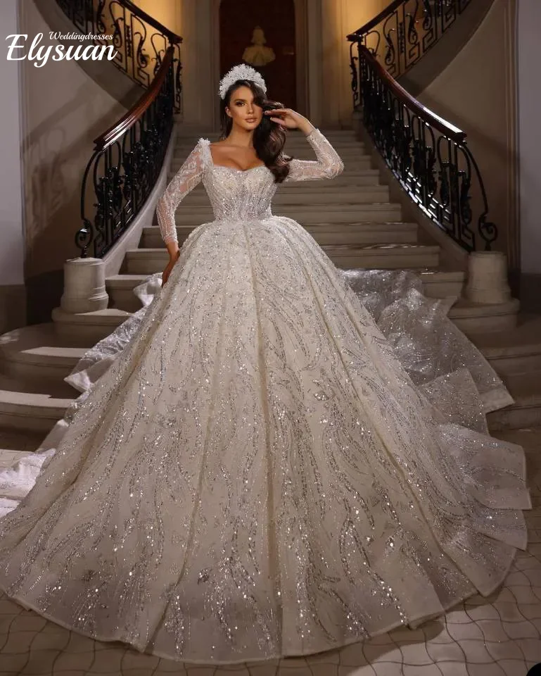 تخصيص سباركلي الكرة ثوب الزفاف مثير الترتر مطرز 3D الدانتيل كم طويل العربية السعودية زي العرائس Vestido De Noiva