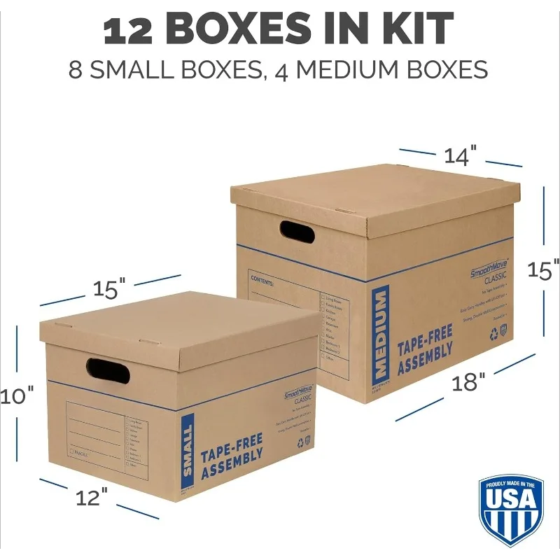 

Classic Moving Box 12 Pack Kit, Reinforced Handles, Tape-Free Assembly, Box with Lid, 8 Small and 4 Medium Boxes (77