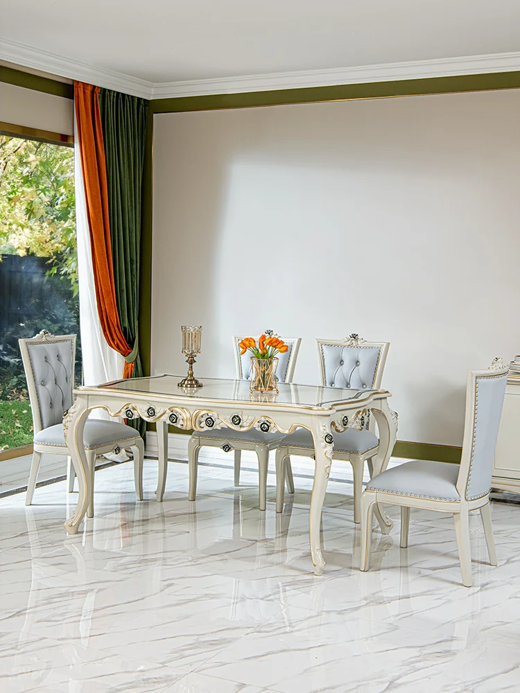 European style villa solid wood dining table, living room, handmade carved long dining table and chair combination