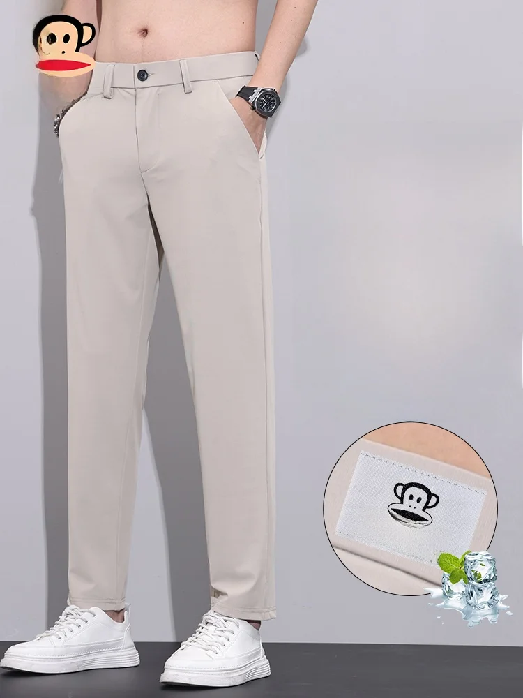 

PaulFrank Elastic Casual Pants Men's Summer Ice Silk Thin Straight Luxury Busin Suit Pants Loose Fit Youthful Sle Cool F...