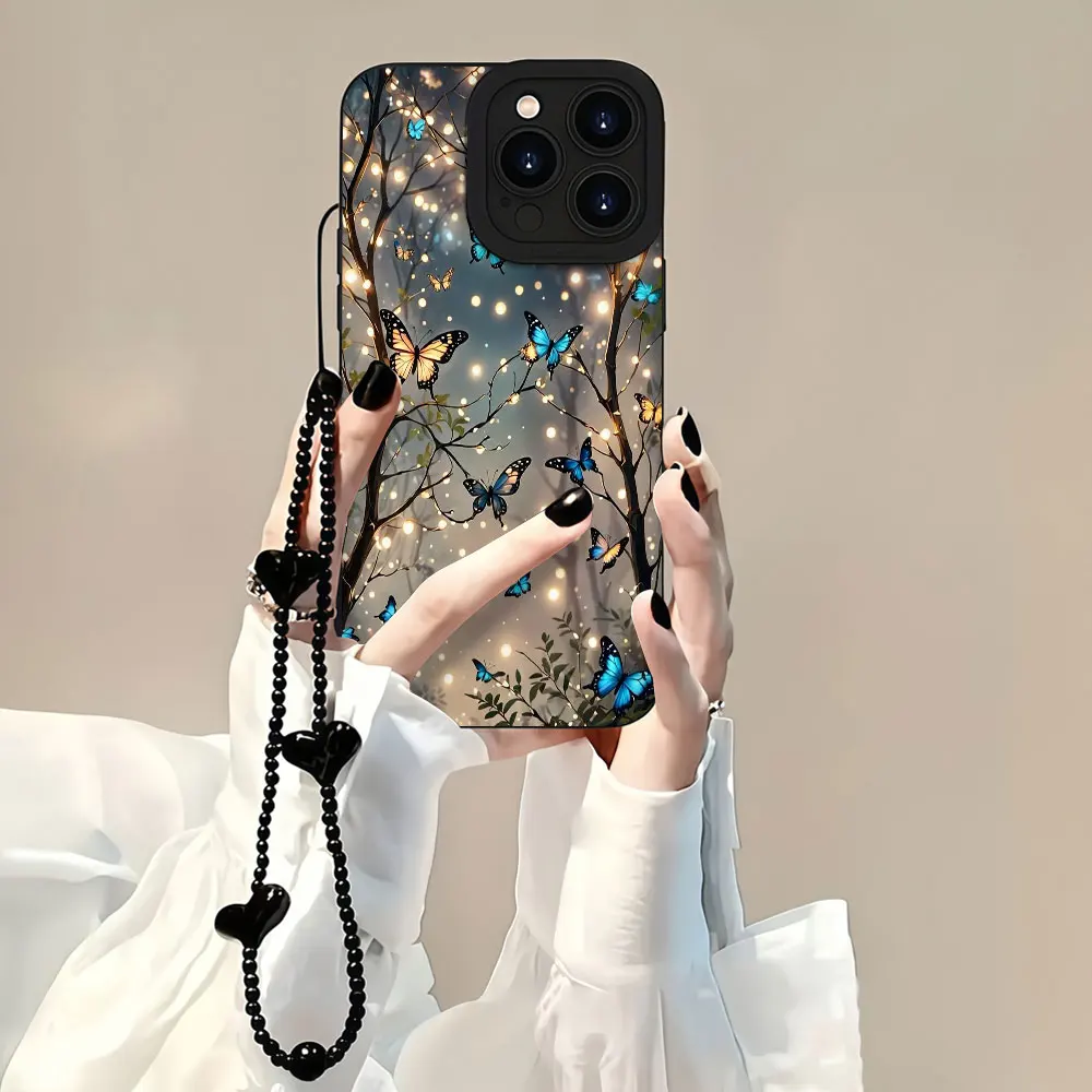 Anti-fingerprint Phone Cases For Samsung Galaxy S26 S25 S24 Ultra S23 Plus A36 A54 A56 A55 A26 With Strap Luxury Butterfly Cover