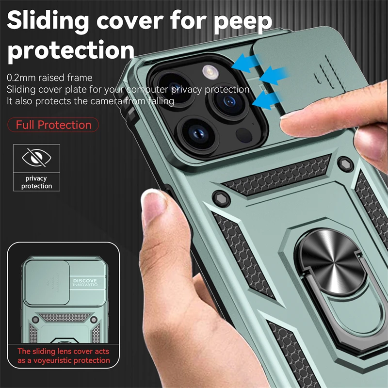 Sliding Push Window Case For iPhone 15 Pro Max Case iPhone 15 Cover Armor Shockproof Metal Ring Holder Camera Protector Cover