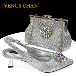 Venus Chan Italian Shoes and Bags Matching Set 2024 Silver Color Rhinestone Fashion High Heels for Women Pointed Toe Pumps