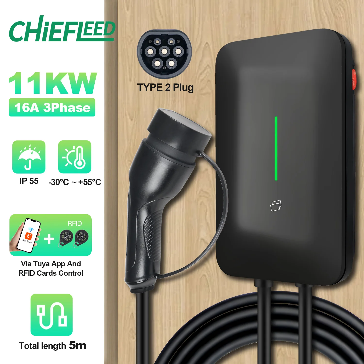 Chiefleed Home AC EV محطة شحن 32A 7.2KW 22KW 16A 11KW Tuya App بطاقات Rfid التحكم للسيارات الكهربائية الهجينة 5M