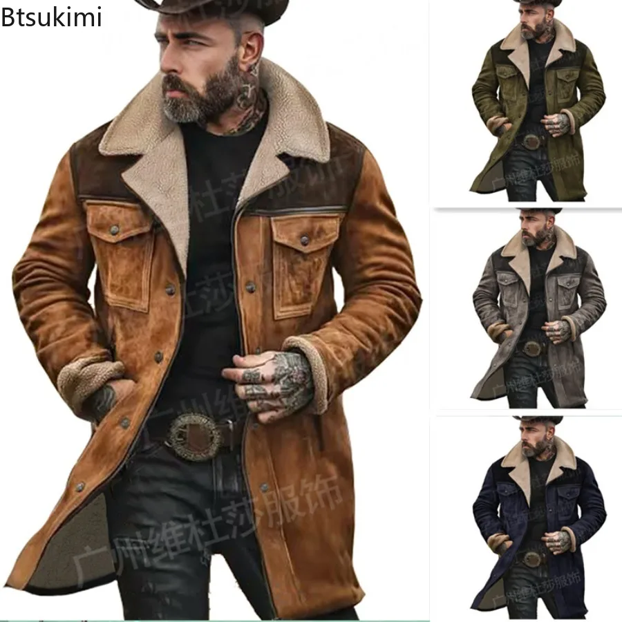 New Autumn Winter Men's Suede Color Matching Jackets Multi-pocket Lapel Casual Windproof Outerwear Vintage Warm Men Trench Coats