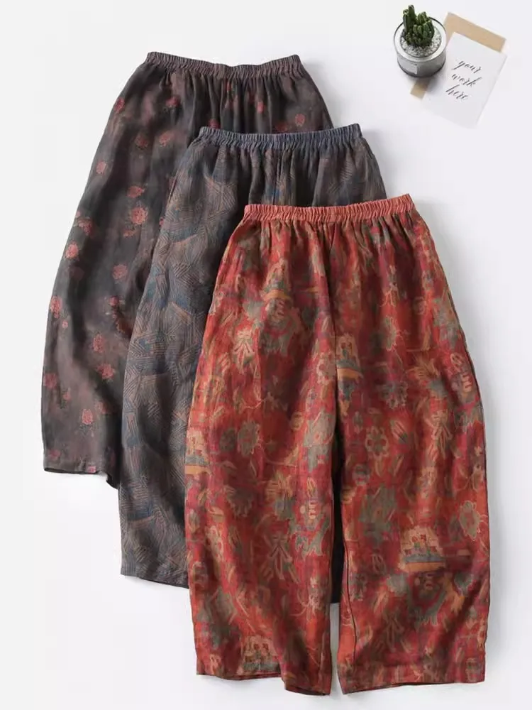 Calças retrô de pernas largas estilo nacional para mulheres, calças casuais largas com harém feminino, altura do tornozelo, estampa floral, verão, nova, 2024