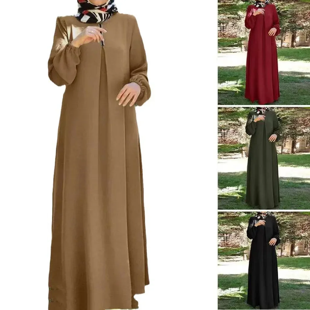 Women Fashion Simple A-line Dresses Arabic Solid O-neck Abayas for Women Solid Stretch Cuff Muslim Dress Vintage Dubai Kaftan