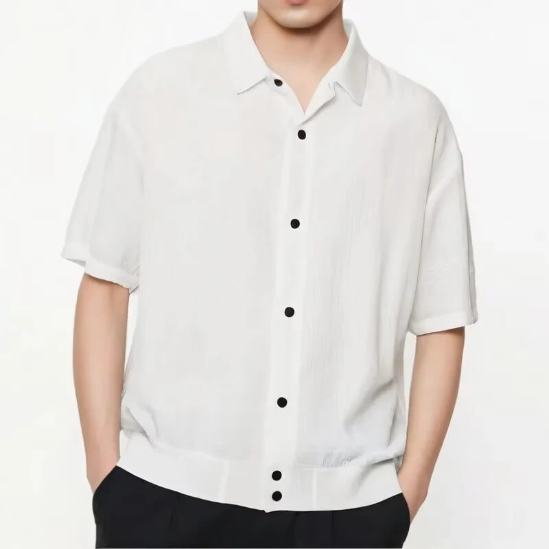 

Men Vintage Turn-down Collar Shirt Stylish Men's Solid Color Shirts 2025 Summer Fashionable Short Sleeve Buttoned Cardigan Tops