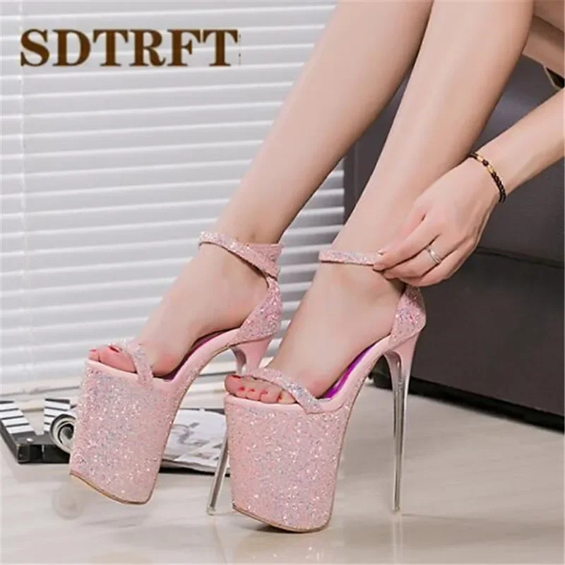 

SDTRFT Zapatos Mujer, летние блестящие пикантные туфли на платформе для ночного клуба, женские сандалии с пряжкой, свадебные туфли-лодочки на тонком каблуке 19 см с блестками