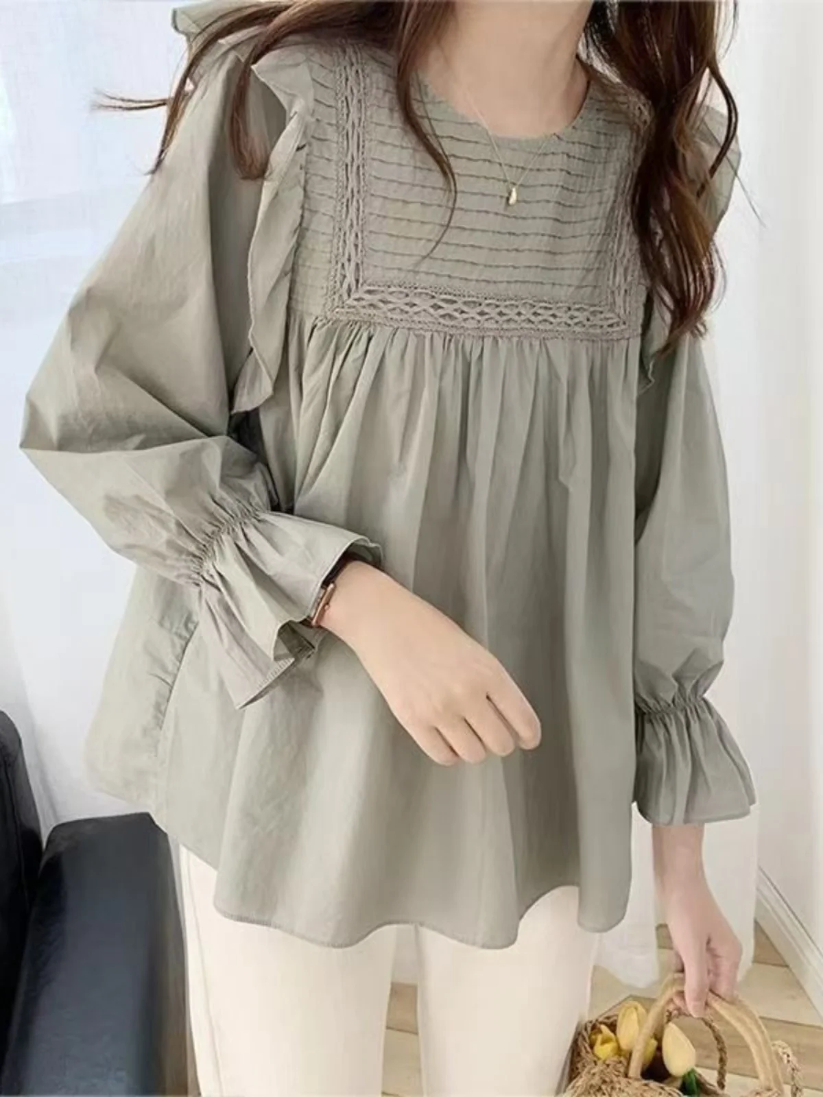 

Японская элегантная блузка-фруфру для женщин больших размеров, круглая горловина, плиссированная, цветная, повседневная, для работы, в стиле SLE