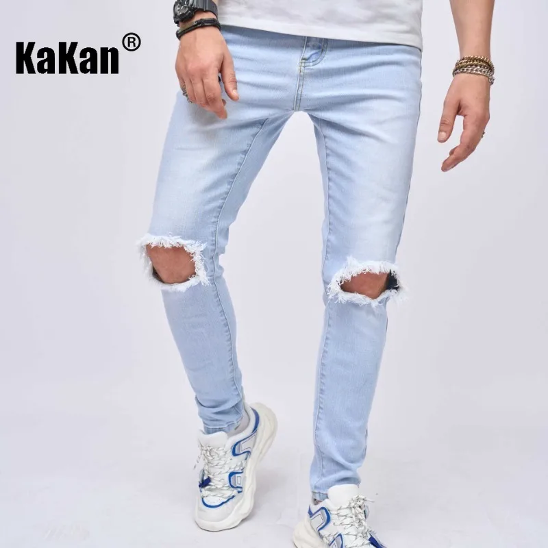 Kakan Europe and America's New Perforated Stretch Jeans for Men, Classic Solid Color Casual Small Foot Slim Pants K49-602