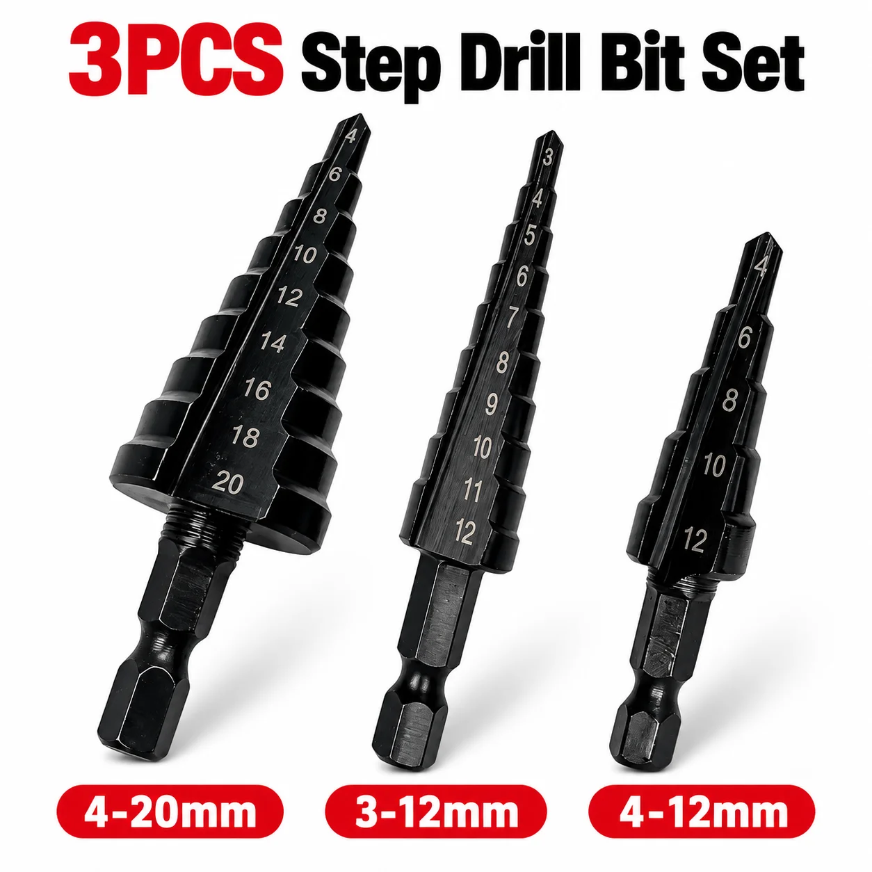 3Pcs Step Drill Bit Set 4-12/3-12/4-20mm, 118° X-Shaped Anti-Slip Surface Nitriding Treatment Hex Shank for Metal
