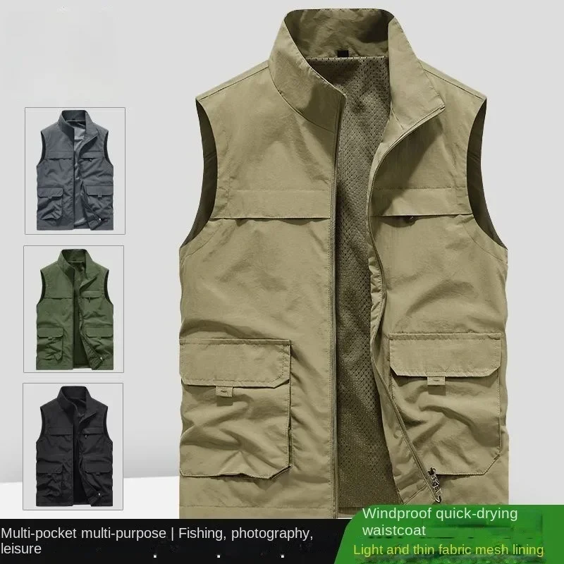 Tactical Vest Sleeveless Jacket Embroidered Large Size Men's Windbreaker Work Hunting Denim Fishing Clothing Waterproof Summer