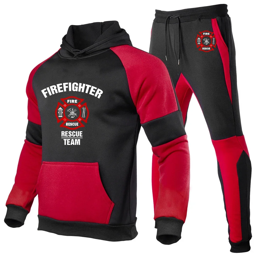 

2024 Spring Autumn Men's Firefighter Rescue Team Logo Print Fashion Pullover Hoodies Tracksuit+Sweatpants Patchwork Cotton Sets