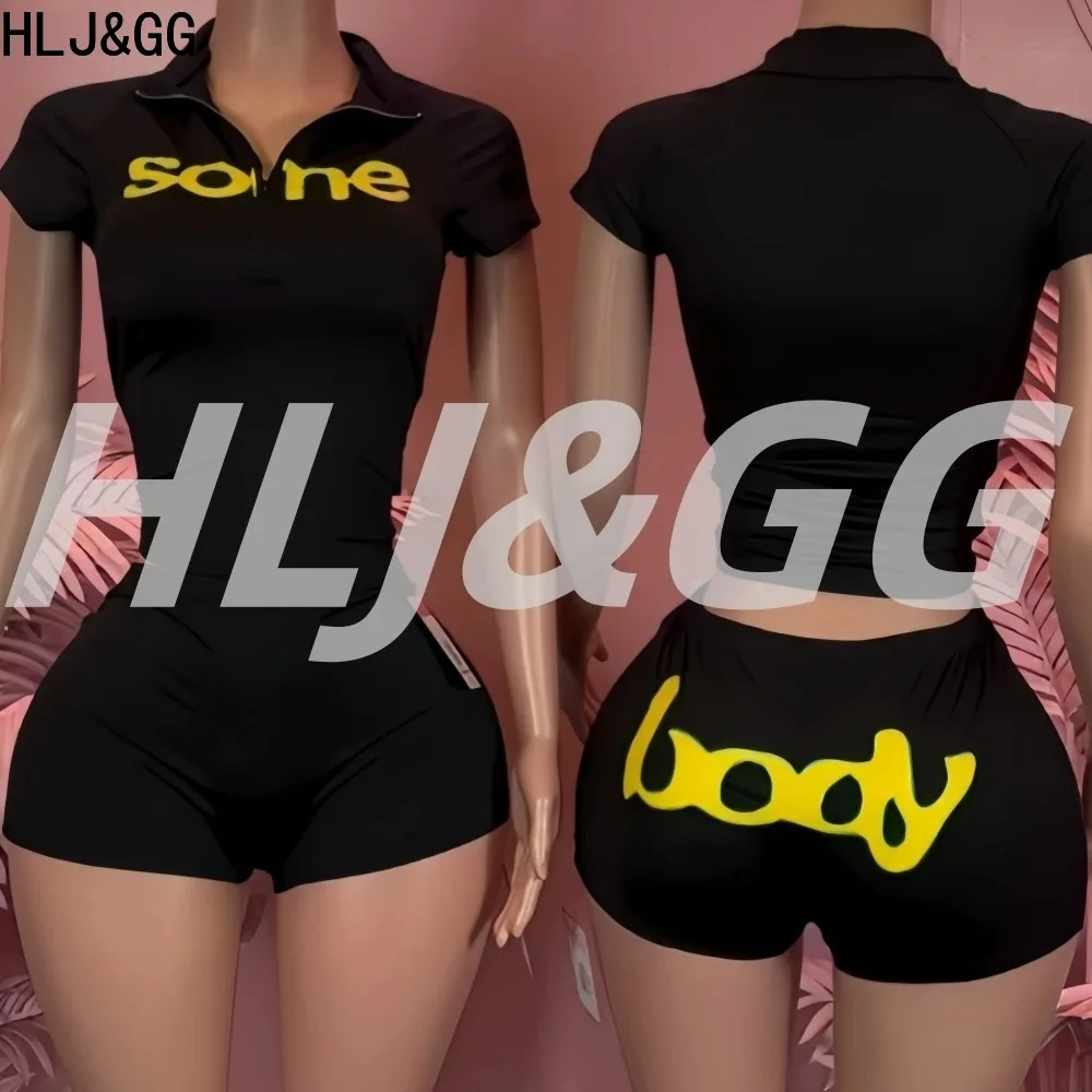 

HLJ&GG Sexy Letter Printing Two Piece Outfits Woman Zip Short Sleeve Crop Top + Shorts Matching Suits Female Streetwear Clothing