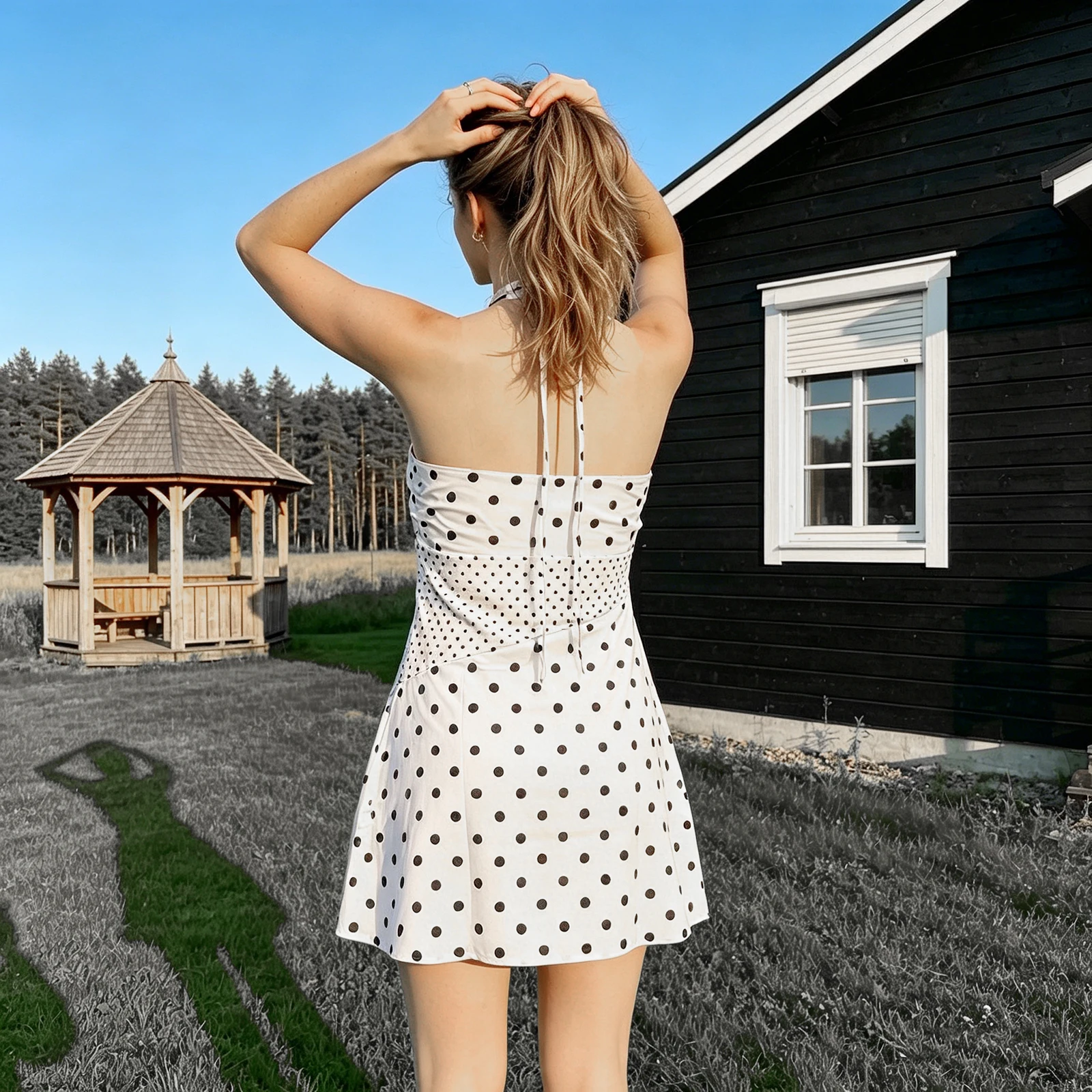 

Women's Halter Neck Mini Dress Summer Fashionable Dot Print Sleeveless Backless Spaghetti Strap Dress