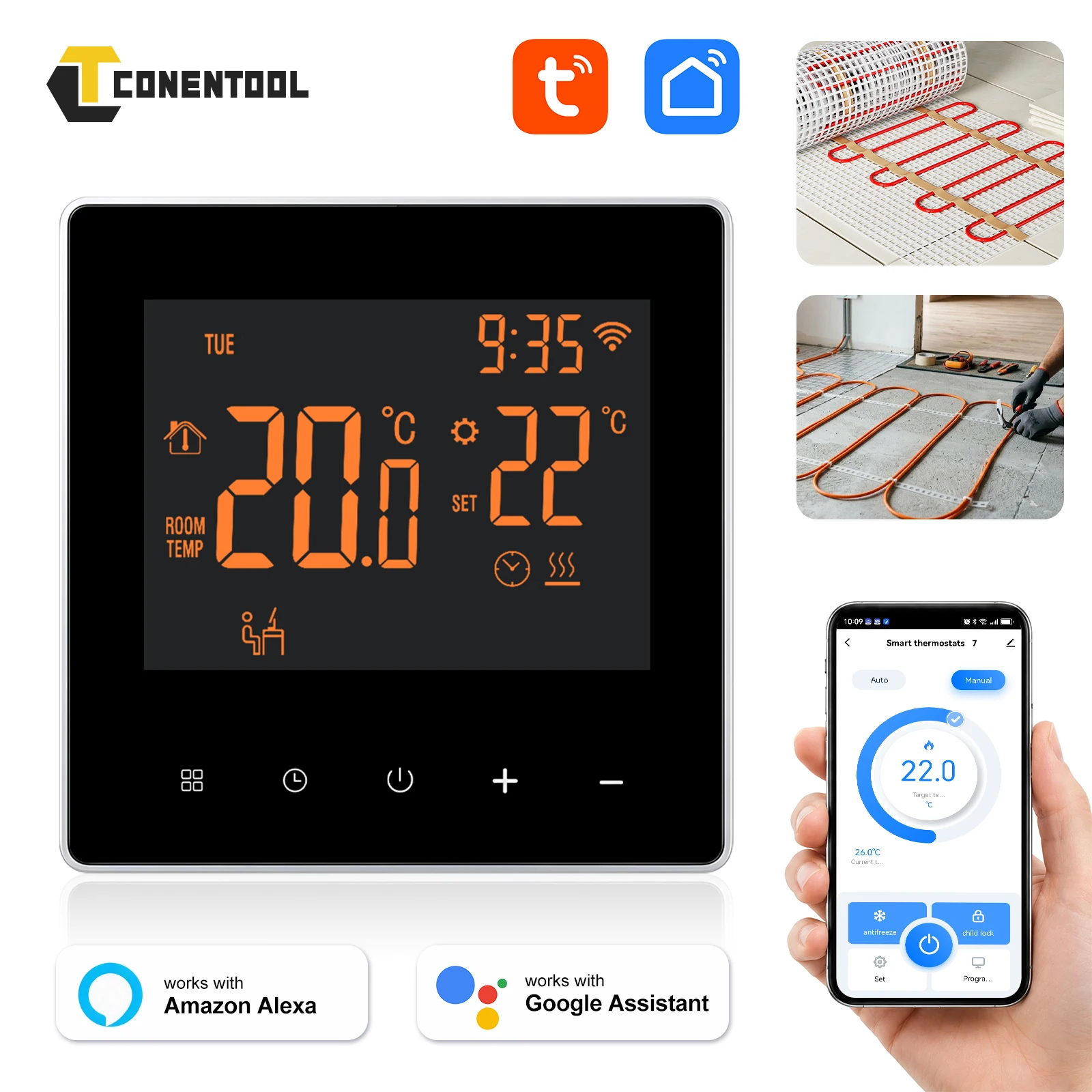 CONENTOOL 16A Thermostat intelligent WiFi, contrôleur de température numérique, application de contrôle à distance, écran tactile ±0,5 ℃   Pour chauffage électrique de la chambre à coucher