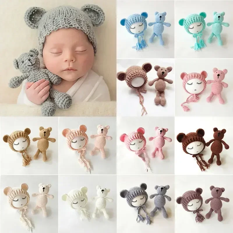 Newborn Photography Props Knitted Wool Bear Baby Girl Boys Hats Newborn Bear Hat Set Crochet Costumes Photography Accessories