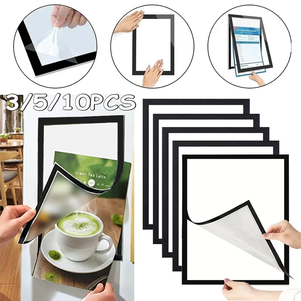 3/5/10PCS Rectangular Magnetic Photo Frame A4 Black PVC Plastic Self Adhesive No Punch Display Frame Reusable Wall Poster Frame