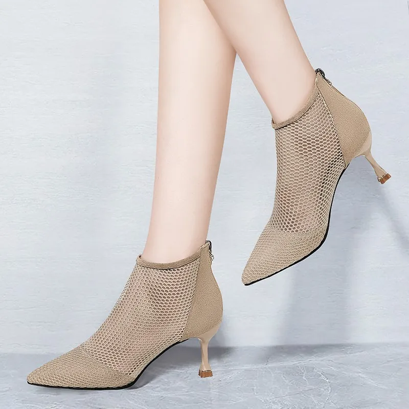 Fashionable mesh women\'s slim high-heeled mesh boots 2024 Spring and Autumn hot item pointed hollow fairy single boots