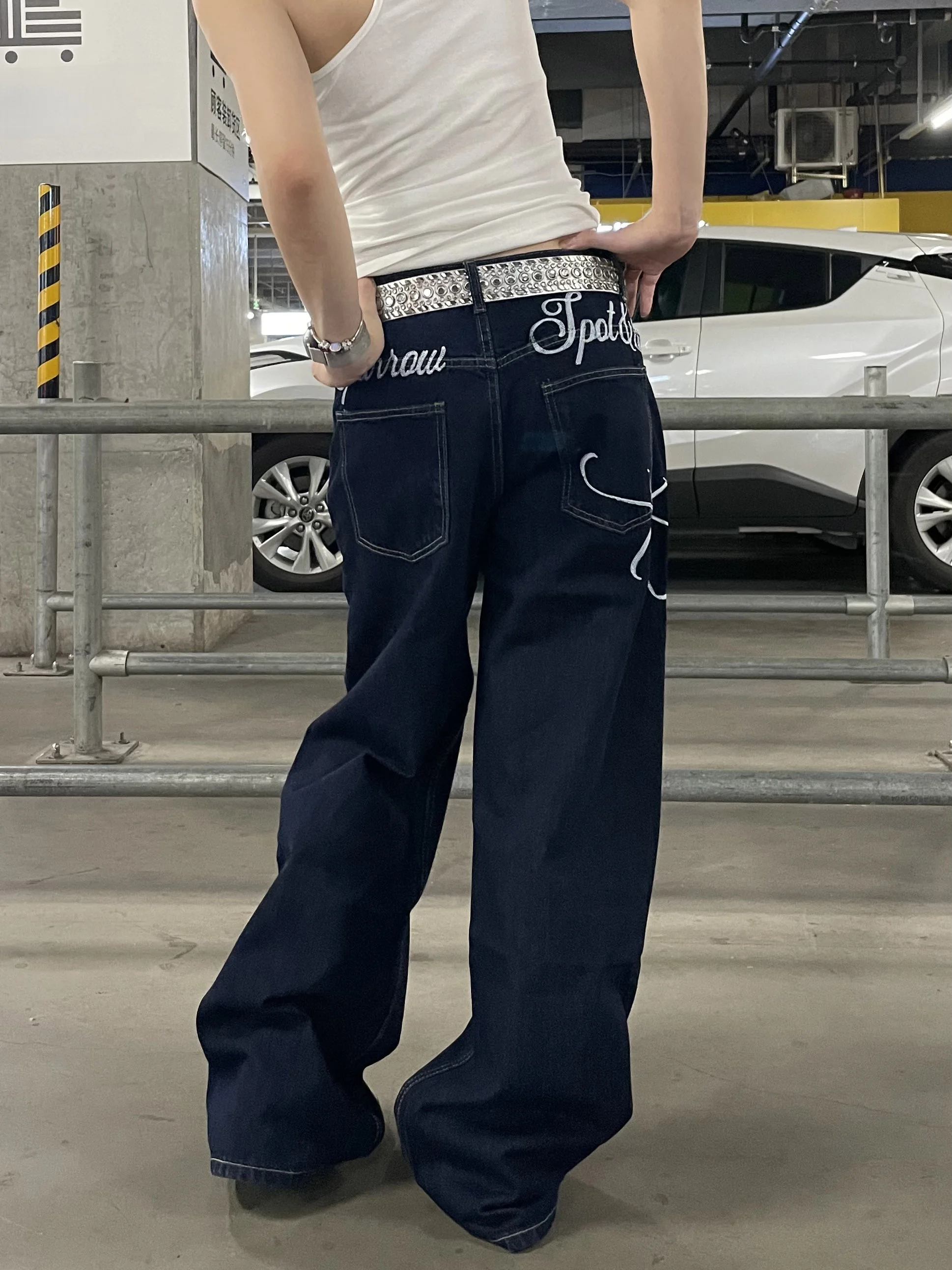 

Джинсы с американской вышивкой в стиле ретро, мужские и женские свободные повседневные универсальные тонкие прямые длинные брюки, модные хлопковые l талии