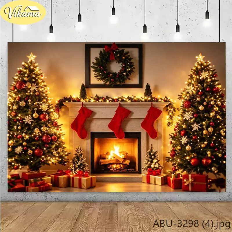 VIKAMA Fireplace Christmas Backdrop Tapestry Wall Hanging, Wall Art for Photo Studio Party Living Room Bedroom Home Decor