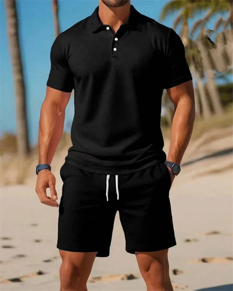 

Summer Casual Versatile Two-piece set Fashion short sleeve Button V-neck Polo Shirt+Breathable Mesh Shorts Set Men tracksuit
