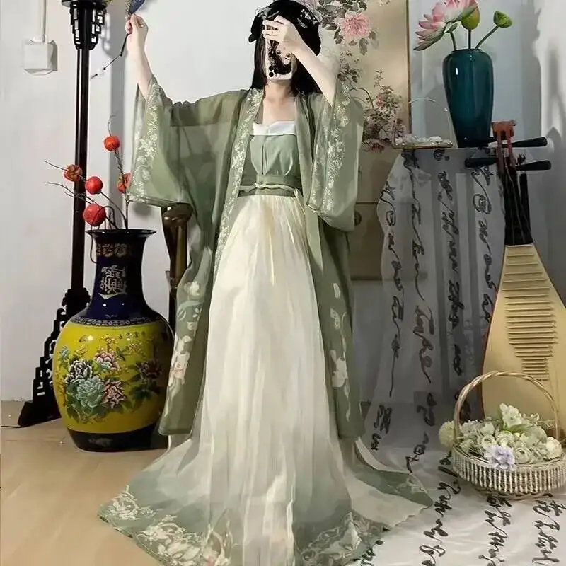 Hanfu Costume cosplay tradizionale cinese da donna Dinastia Song antica Abito Hanfu Primavera Estate 3 pezzi Set verdi Taglie forti xl