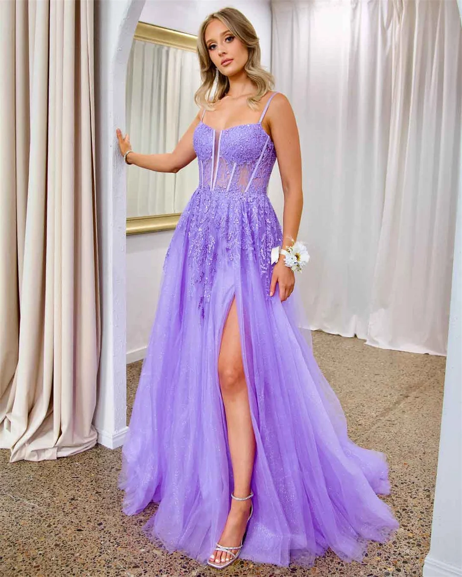 Shiyicey Fine lightning Sequin Applique Tulle Prom Dresses Long Spaghetti Straps V Neck Ball Gown Glitter Formal Evening Party