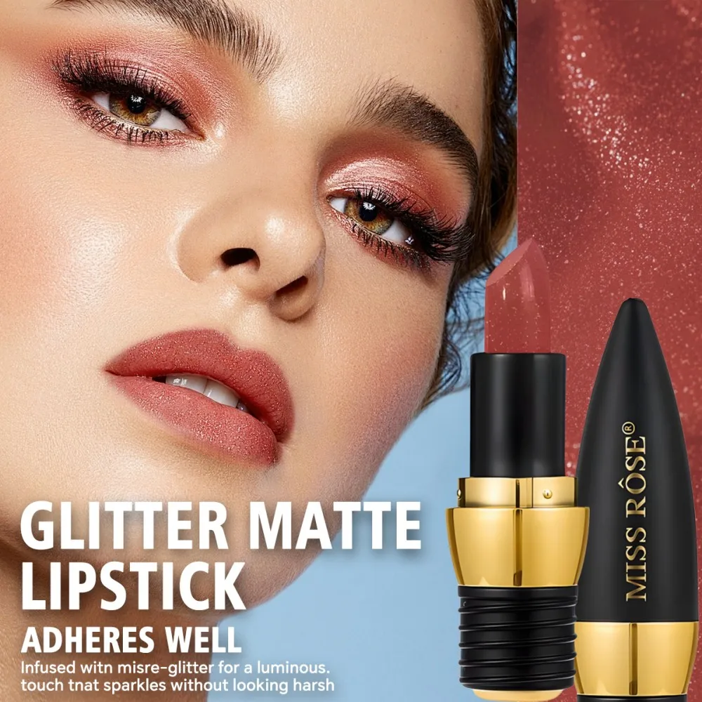 Lápiz labial de terciopelo brillante negro de 3 colores, lápiz labial de diamante mate de larga duración resistente al agua de Metal, cosméticos para mujer