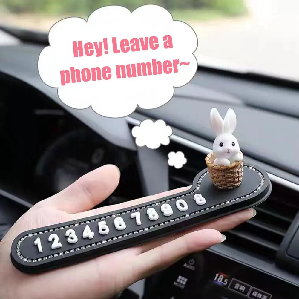 Multifunctional Car Temporary Stop Sign Cartoon Bunny Prompt Phone Card Parking Temporary Plate Number License Decoration W9L9