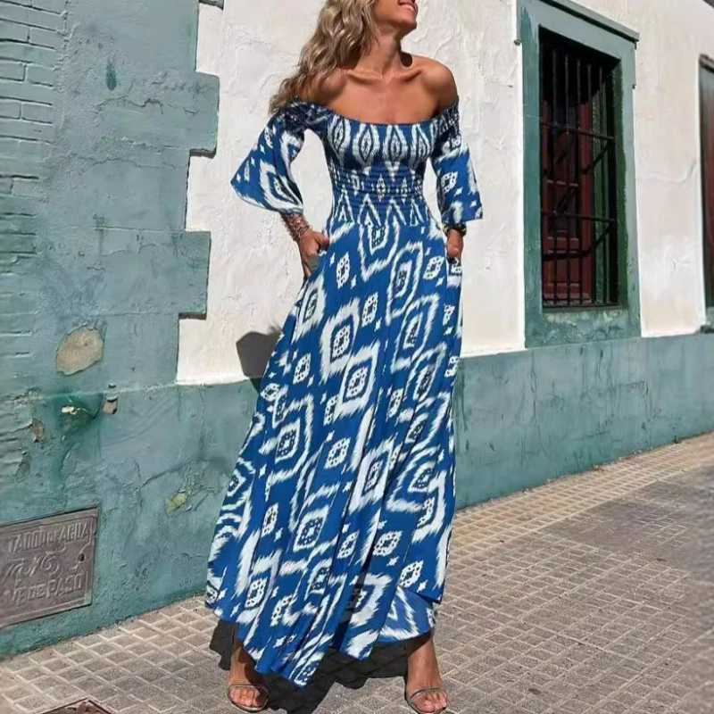 

Slash Neck Dress Women Slim Fit Print High Waist Long Dresses Three Quarter Spliced Skinny Pockets A Line Vestidos Elegant
