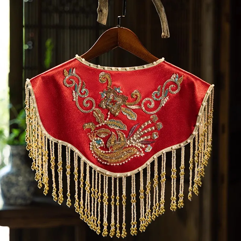 Women's Spring Summer Embroidery Luxury Beaded Tassel Pashmina Female Autumn Winter Chinese Vintage Lace Red Shawl Cloak R579