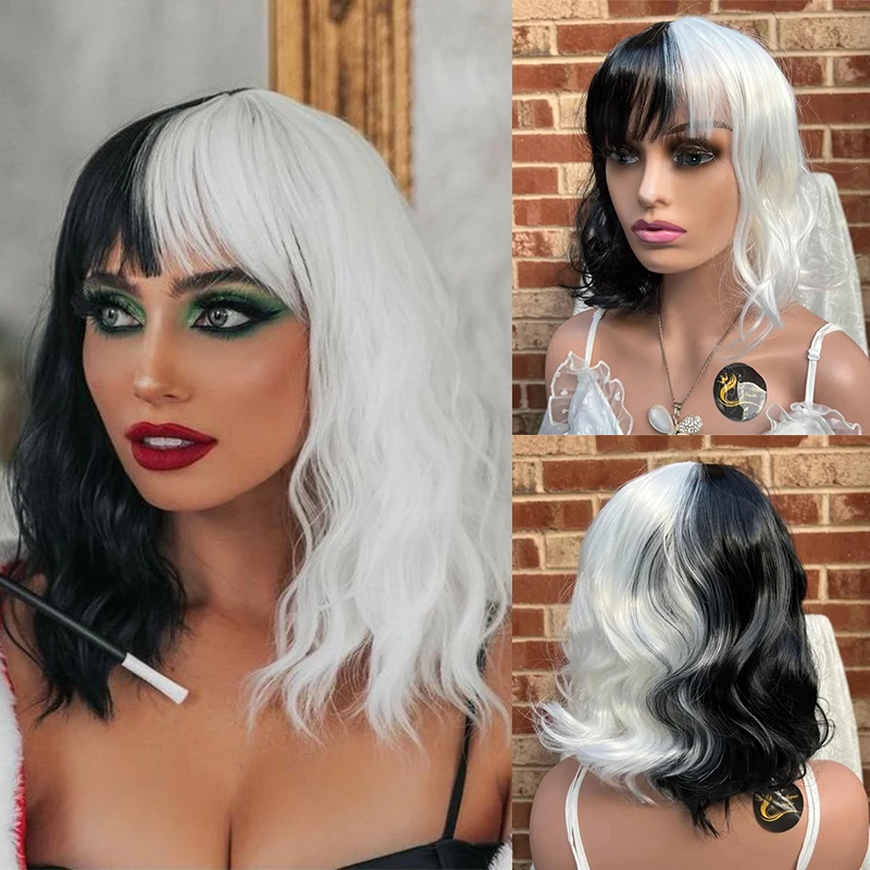 Half Black and White Wigs with Bangs Women's Short Natural Wave Heat Resistant Fibre Synthetic Lace Wigs Halloween Cosplay Party