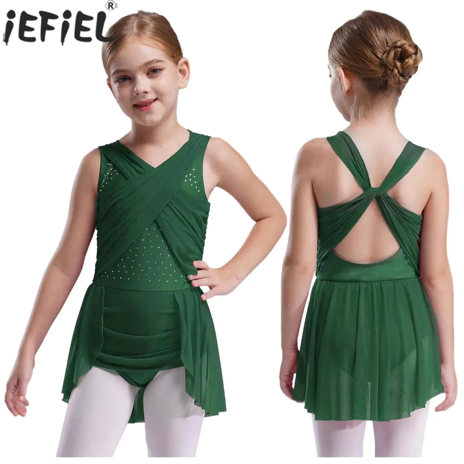 6-16Y الفتيات ملابس رقص غنائية بلا أكمام انقطاع الراين الشكل التزلج يوتار فستان الجمباز البهلوانية ارتداءها #1