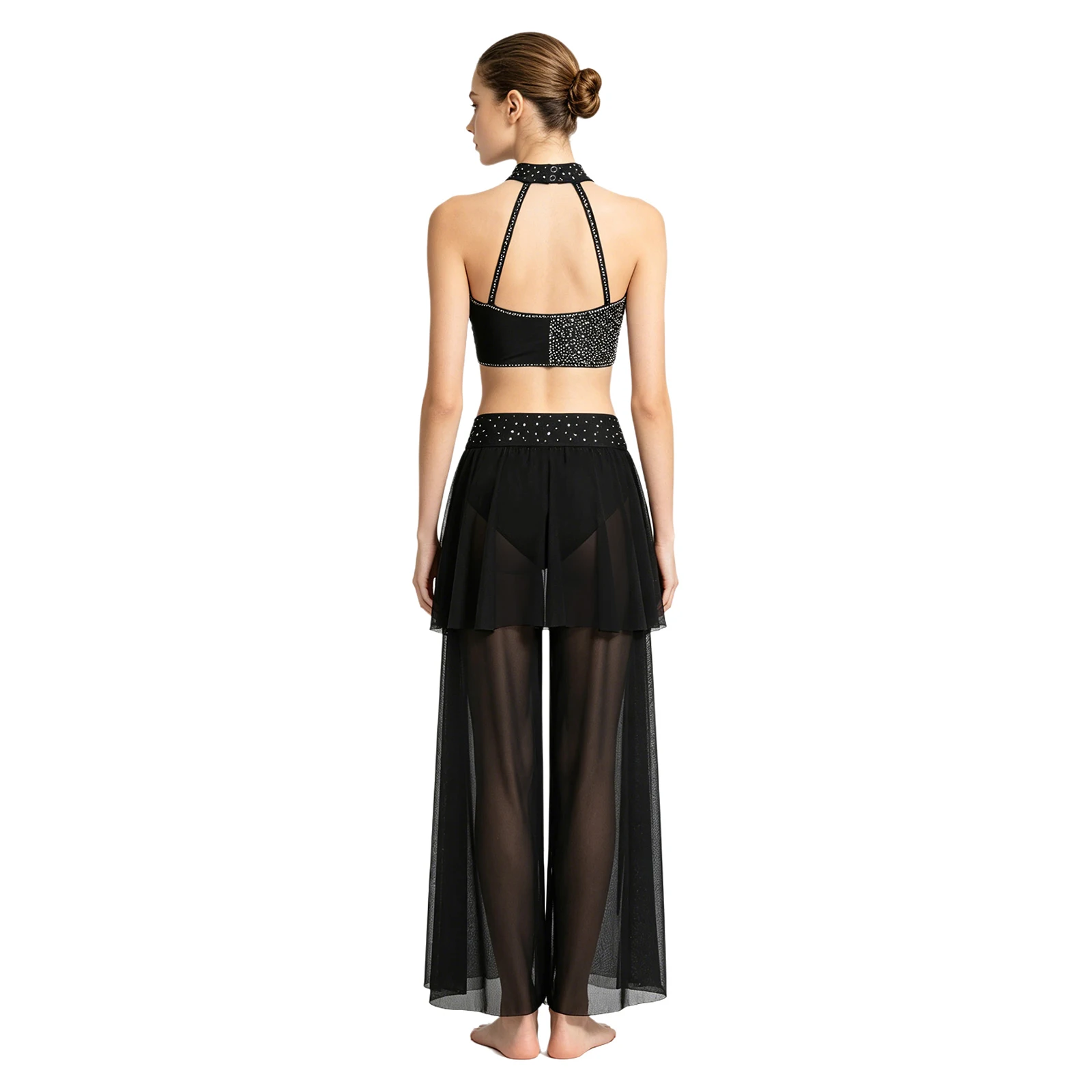 Women 2‑Piece Lyrical Contemporary Dance Outfit Halter Rhinestone Crop Top Mesh Overlay Wide Leg Pants Performance Dance Costume