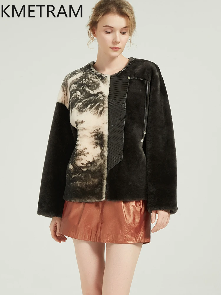 KMETRAM piel de oveja Natural con lana abrigo de piel atada moda corta nuevo 2025 invierno mujer chaqueta estampada manteaux hiver femme