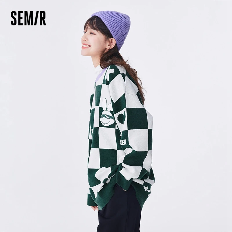 Semir Women Sweater Autumn New Mid-length Oversize Checkerboard Pullover Rabbit Embroidery Jacquard Sweater for Women