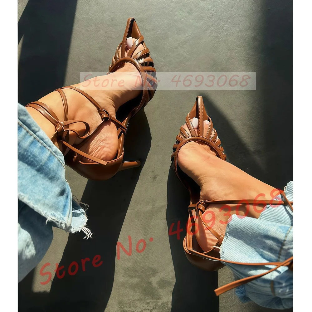 

Brown Pointy Toe Caged Sandals Women Sexy Cutout Cross Tied Stiletto High Heels Sandals Ladies Classy Party Lace Up New Shoes