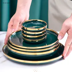 Gold Edging Green Porcelain Plates Food Dinner Set Dishes Salad Soup Bowl Ceramic Plates Bowls Luxurious Tableware Set