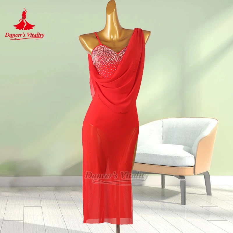 Latin Rumba AB Stones Mid-length Dress Dancer's Vitality Adult Women Chacha Samba Jive Salsa Perform&Practice Clothing Customize
