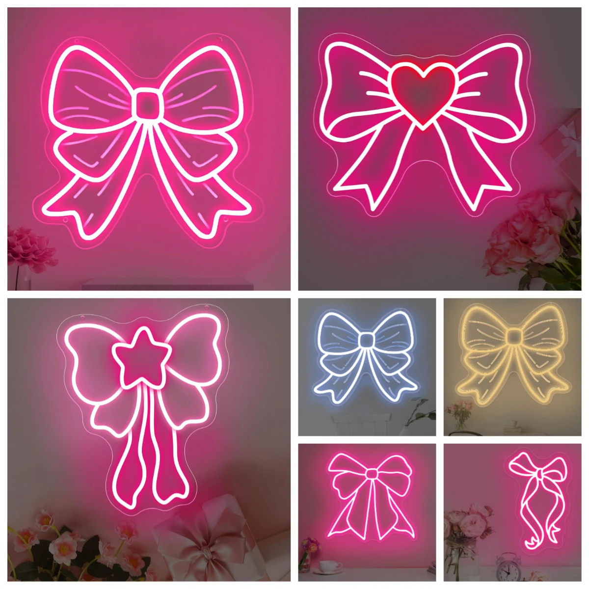 Bow Neon Signs USB Dimmable LED Neon Lights for Girls Room Beauty Salon Nursery Room Decoration Birthday Gift Elegant Wall Art