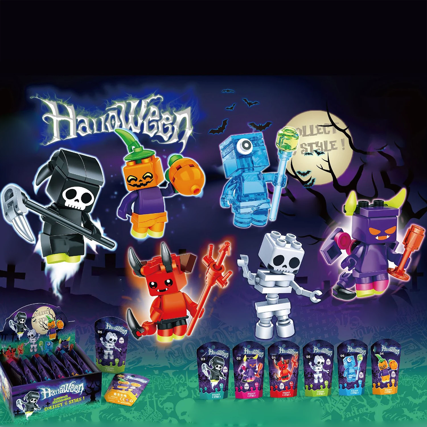 บล็อกตัวต่อประกอบเกมปริศนาของเด็กวันฮาโลวีนอนุภาคขนาดเล็กไฟฟักทองเรืองแสงหัวกะโหลกของเล่นประกอบเอลฟ์