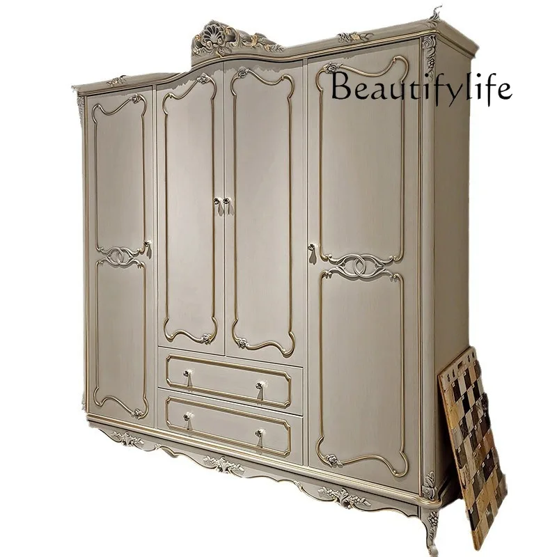 Light luxury neoclassical solid wood wardrobe, European luxury four-door solid wood carved bedroom locker