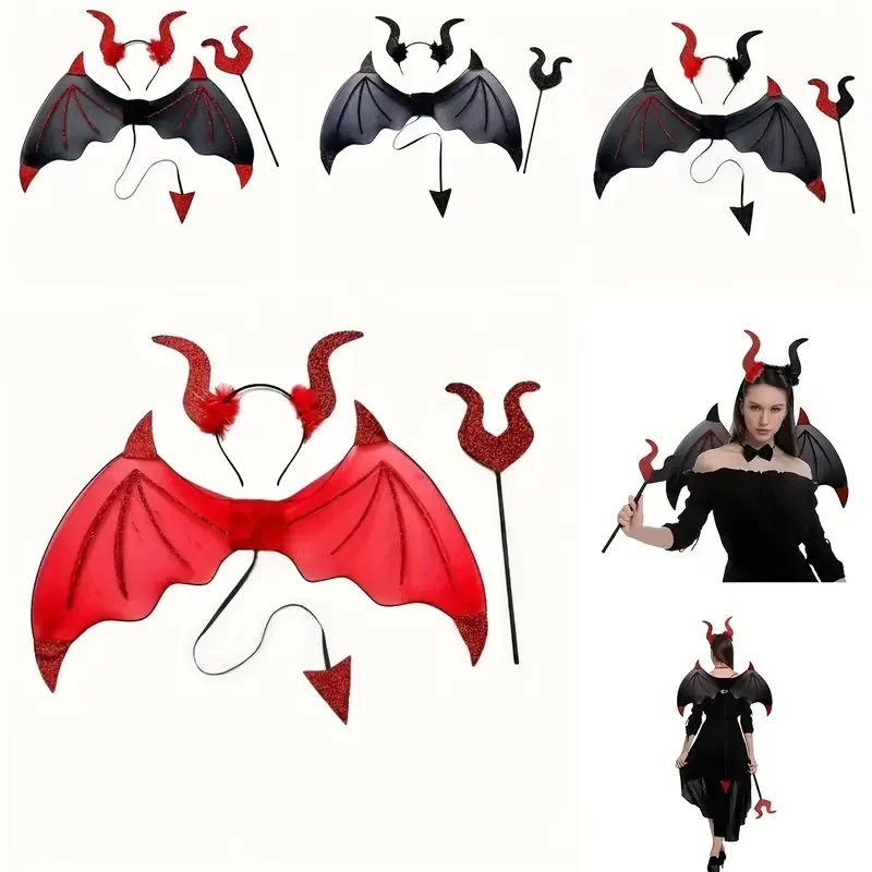 

Комплект из трех частей с крыльями летучей мыши на Хэллоуин, повязка на голову дьявола, волшебная палочка, костюмы для Хэллоуина, ролевые и праздничные наборы.
