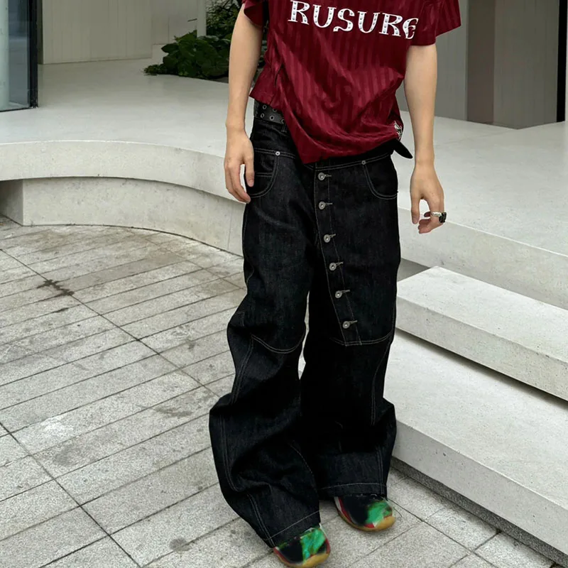 Korean High Street Buckle Curved Jeans Autumn Men'S Loose Straight Leg Pants Black Wide Leg Pants Casual Pants Hip-Hop Pants - Image 5