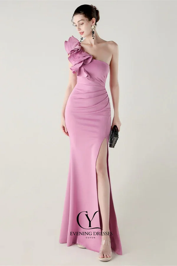 CUYUN مخصص تكدرت الأزهار واحد الكتف الساتان حزب فساتين الجانب عالية الشق مثير ثوب مسائي شبه حورية البحر فستان حفلات #3